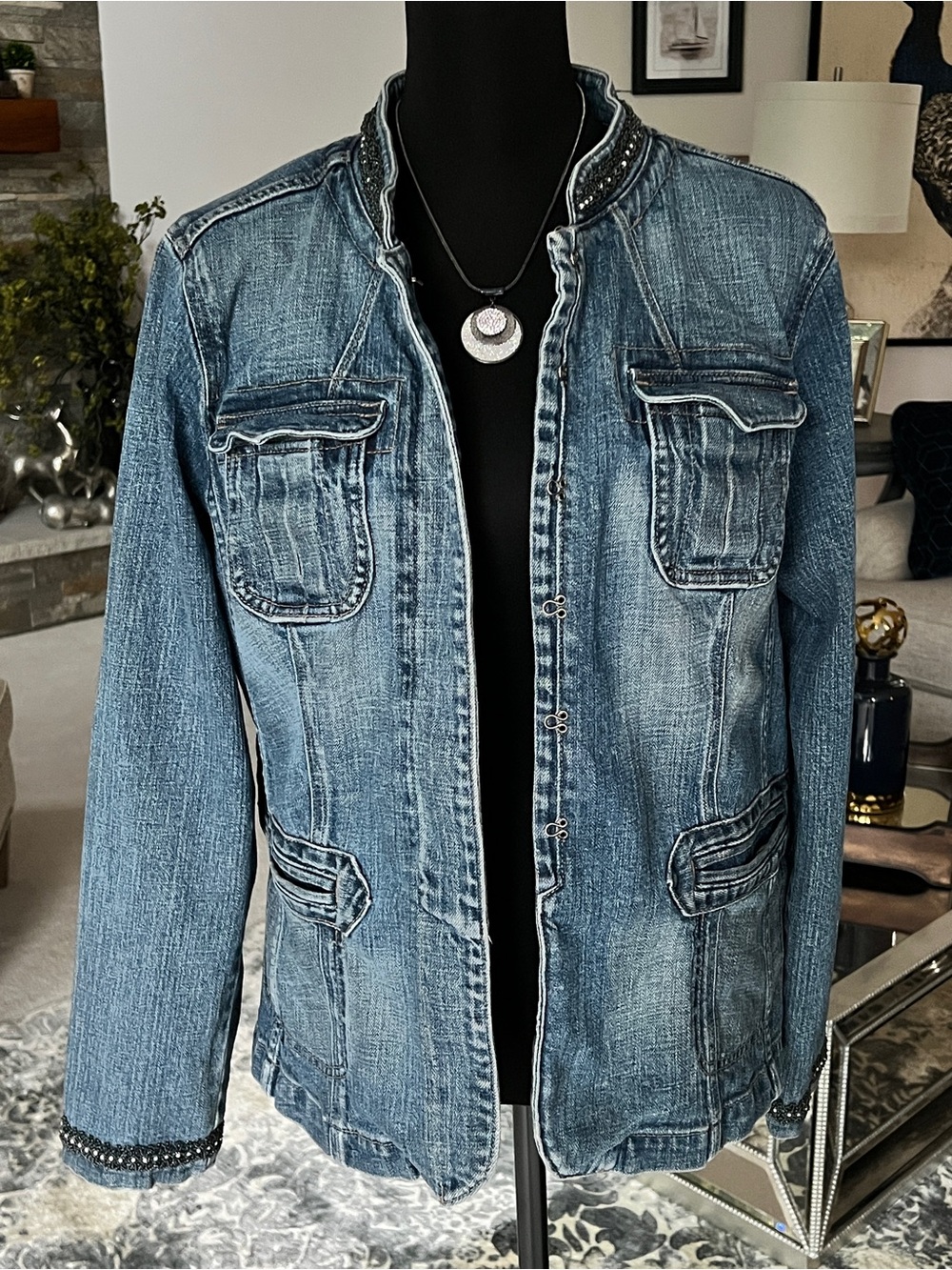 Washed Blue Denim Jacket with Bead-Trim Stand Collar
